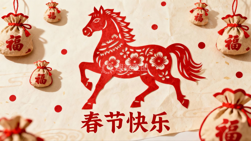 高清大图下载【趣麦麦图】春节剪纸马与福袋装饰
