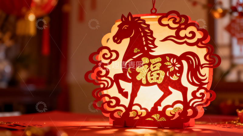 高清大图下载【趣麦麦图】春节马形剪纸灯笼光影