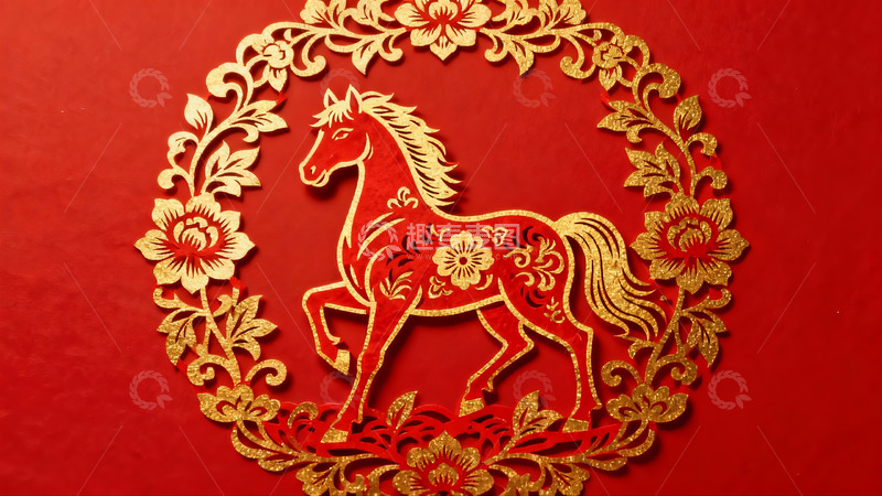 高清大图下载【趣麦麦图】红色背景上的金色马形剪纸