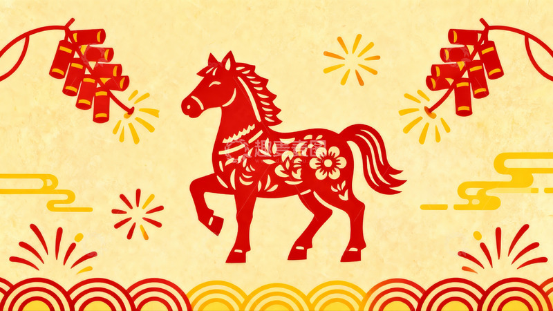 高清大图下载【趣麦麦图】春节剪纸马与鞭炮图案