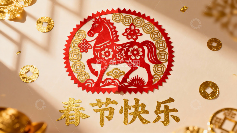 高清大图下载【趣麦麦图】春节剪纸艺术与金色装饰