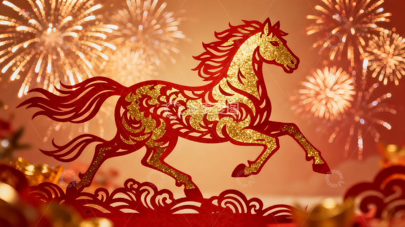 高清大图下载【趣麦麦图】烟花映衬下的金色骏马剪纸
