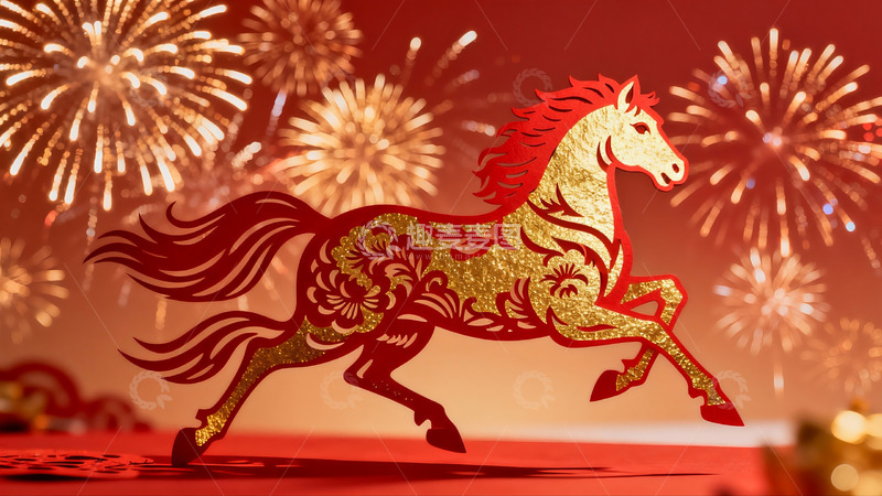 高清大图下载【趣麦麦图】烟花背景下的金色骏马剪纸