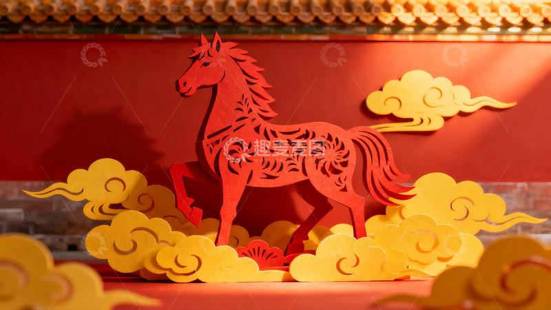 高清大图下载【趣麦麦图】红色剪纸马与祥云装饰