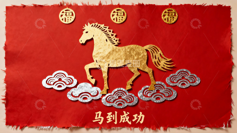 高清大图下载【趣麦麦图】红色背景金色马剪纸艺术