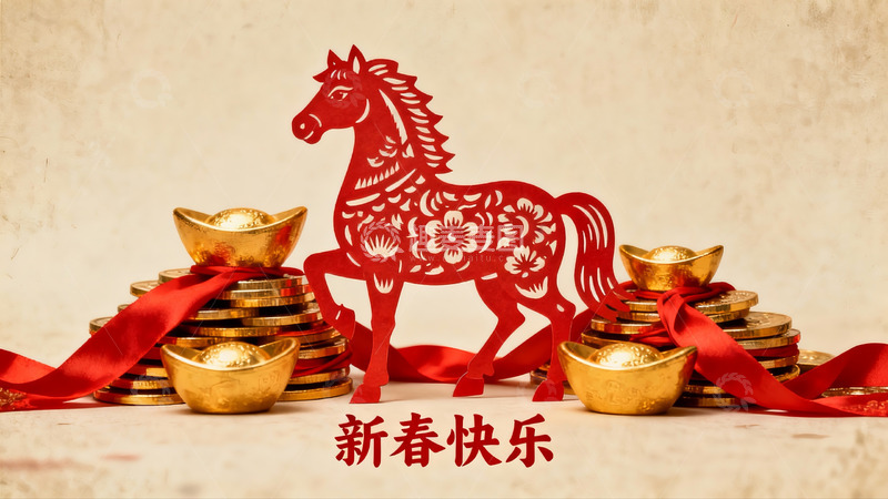 高清大图下载【趣麦麦图】新春剪纸马与金元宝摆件