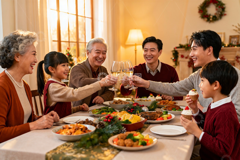 高清大图下载【趣麦麦图】温馨家庭聚餐举杯欢庆