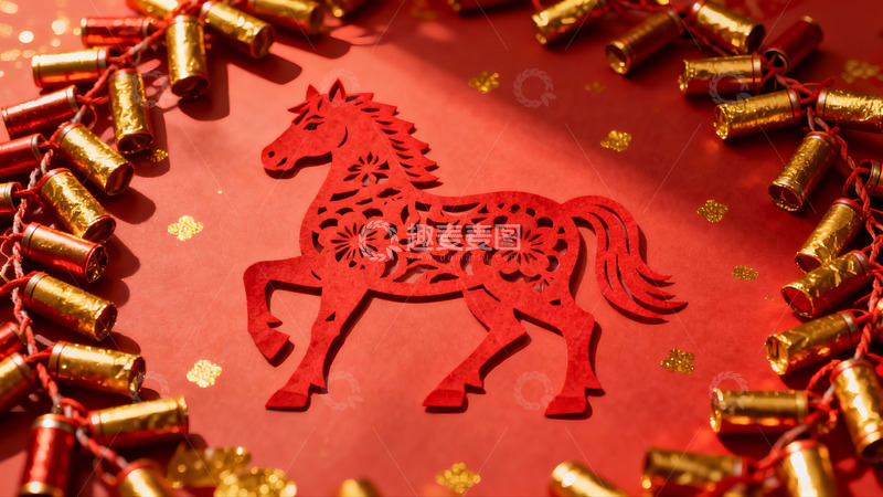 高清大图下载【趣麦麦图】红色剪纸马与金色爆竹装饰