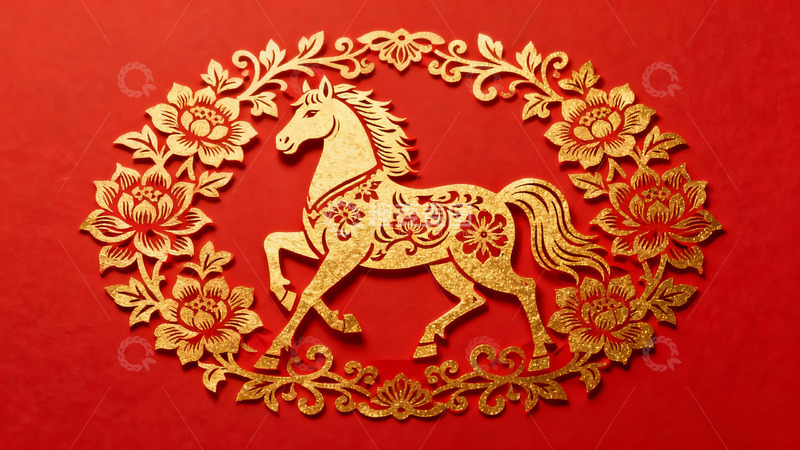高清大图下载【趣麦麦图】红色背景金色马年剪纸艺术