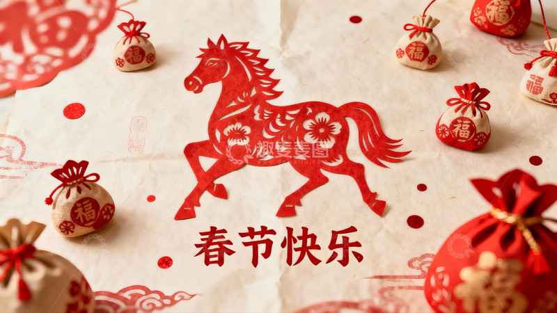 高清大图下载【趣麦麦图】春节剪纸马与红包装饰