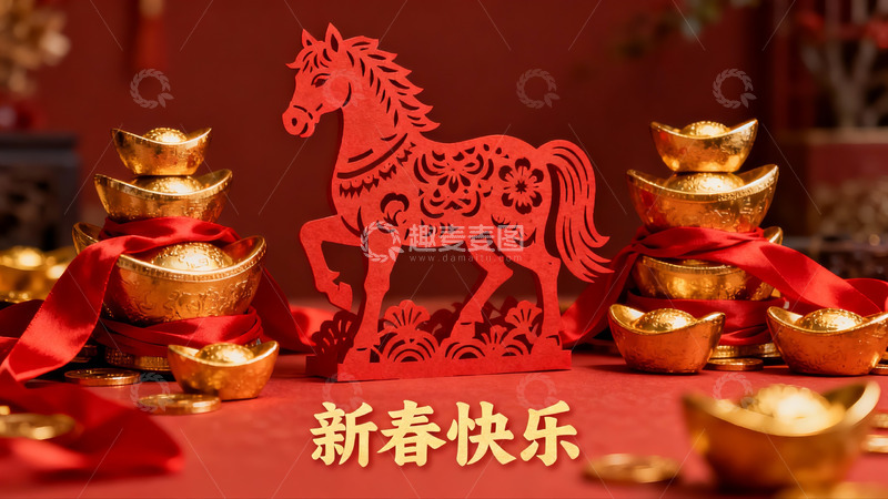 高清大图下载【趣麦麦图】新春剪纸马与金元宝摆件