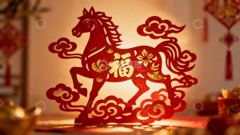 高清大图下载【趣麦麦图】红色剪纸马灯饰新年氛围浓厚