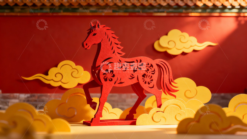 高清大图下载【趣麦麦图】红色剪纸马与祥云装饰