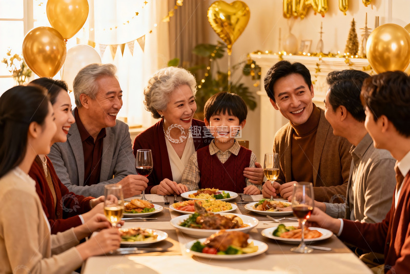 高清大图下载【趣麦麦图】温馨家庭聚餐欢庆时刻
