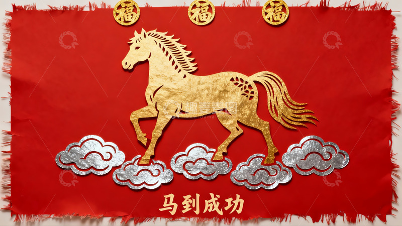 高清大图下载【趣麦麦图】红色背景金色剪纸马图案