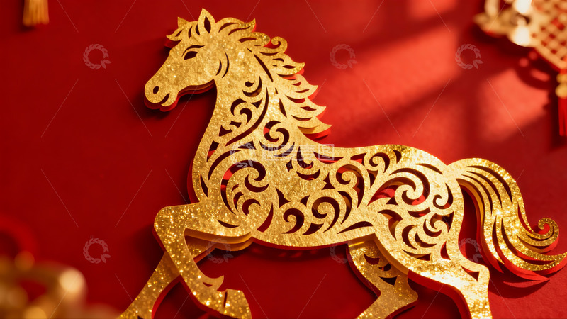 高清大图下载【趣麦麦图】金色骏马剪纸艺术新年装饰