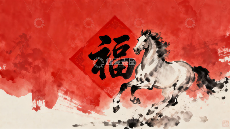 高清大图下载【趣麦麦图】红色背景奔马书法艺术画
