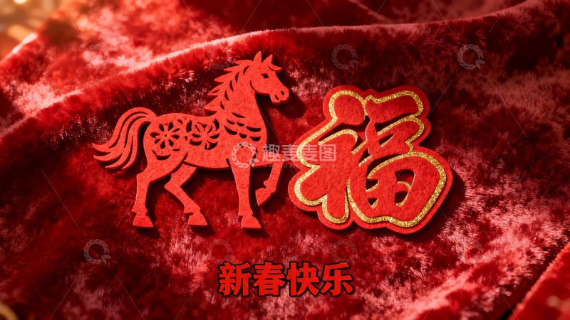 高清大图下载【趣麦麦图】红色布料上的剪纸马与福字