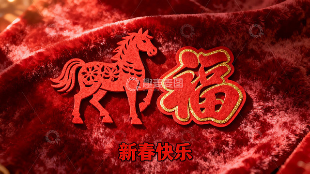 红色布料上的剪纸马与福字
