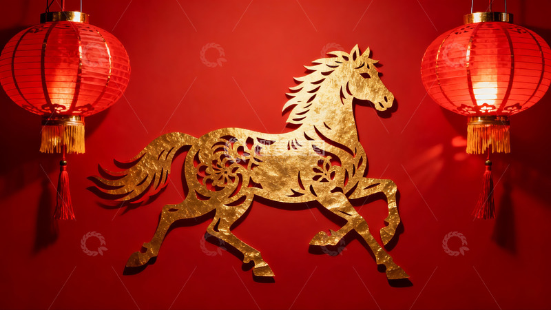 高清大图下载【趣麦麦图】红色背景金色马剪纸与红灯笼