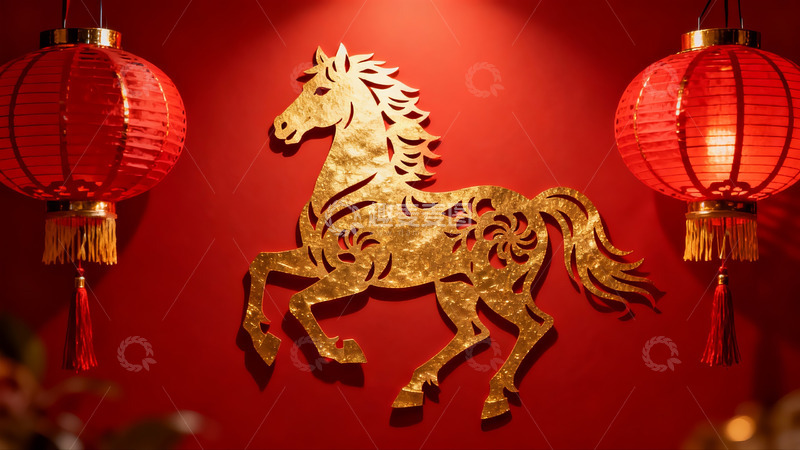 高清大图下载【趣麦麦图】红色背景金色马剪纸与红灯笼