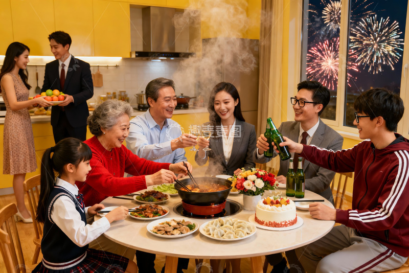 高清大图下载【趣麦麦图】家庭聚餐欢庆烟火夜