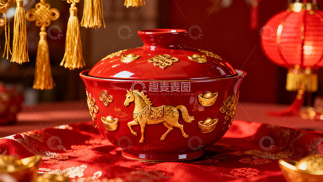 红色马纹盖碗与金色装饰品