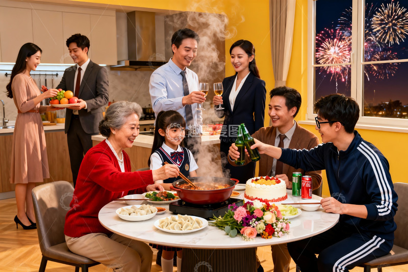 高清大图下载【趣麦麦图】家庭聚餐欢庆烟火夜