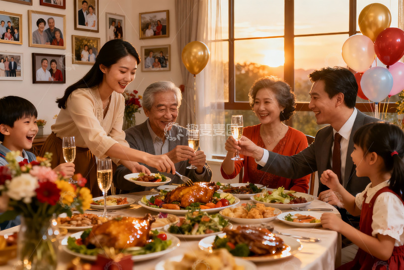 高清大图下载【趣麦麦图】温馨家庭聚餐共庆美好时光