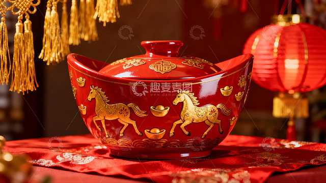红色马纹瓷碗配灯笼装饰