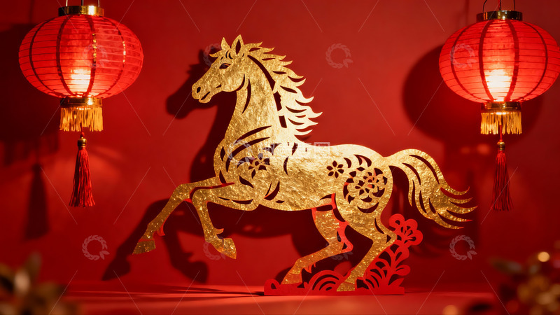高清大图下载【趣麦麦图】红色背景金色马剪纸与红灯笼