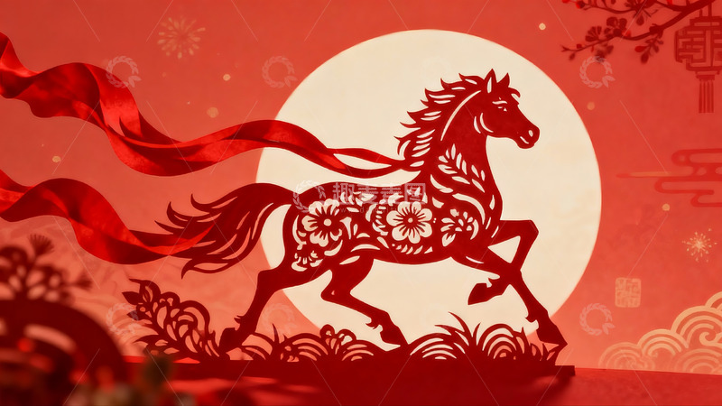高清大图下载【趣麦麦图】红色剪纸马奔月图