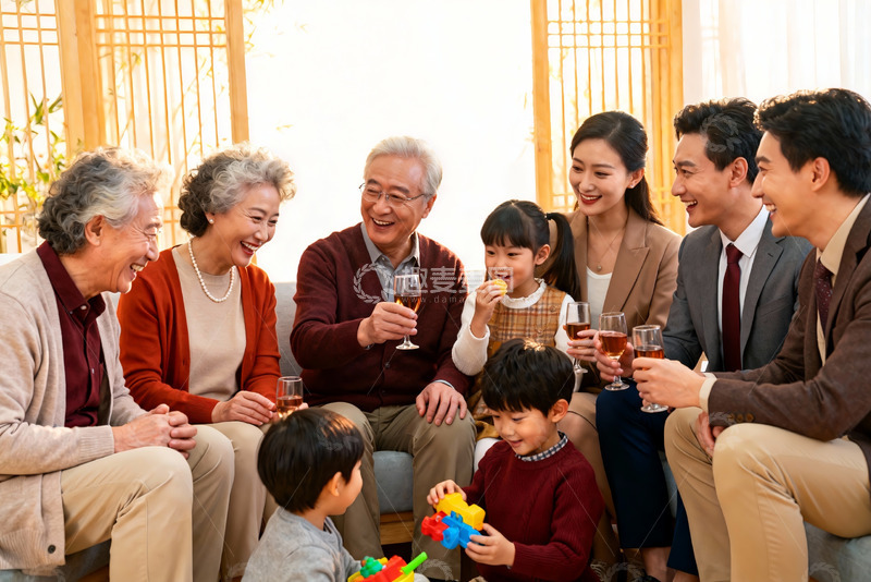 高清大图下载【趣麦麦图】三代同堂家庭聚会温馨场景