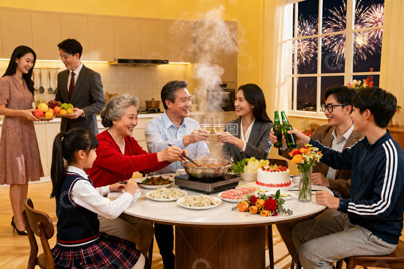 高清大图下载【趣麦麦图】家庭聚餐欢庆夜景