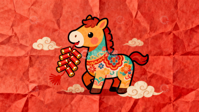 高清大图下载【趣麦麦图】卡通马叼鞭炮迎新春