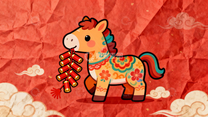 高清大图下载【趣麦麦图】卡通马叼鞭炮迎新春