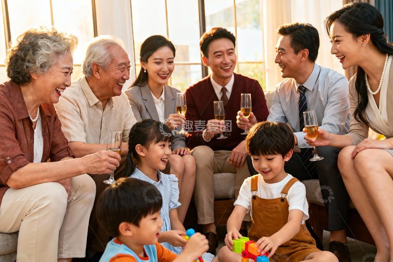 高清大图下载【趣麦麦图】三代同堂家庭聚会欢庆时刻
