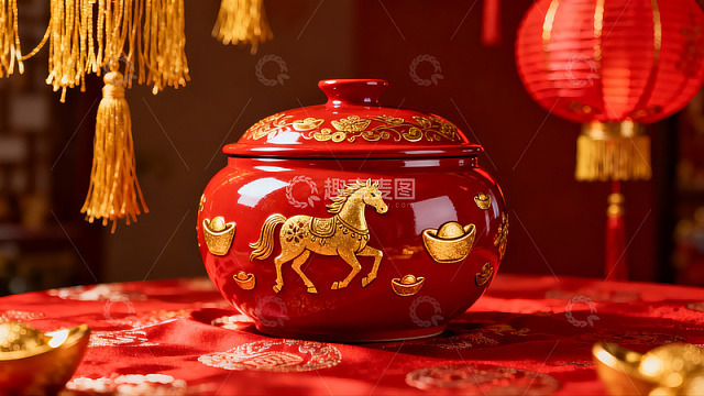 红色马纹瓷罐配金色装饰