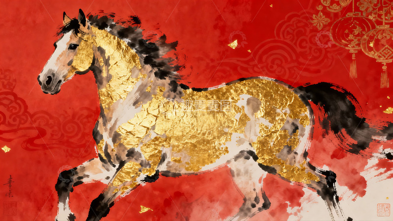 高清大图下载【趣麦麦图】金色骏马奔腾于红色祥云背景之上