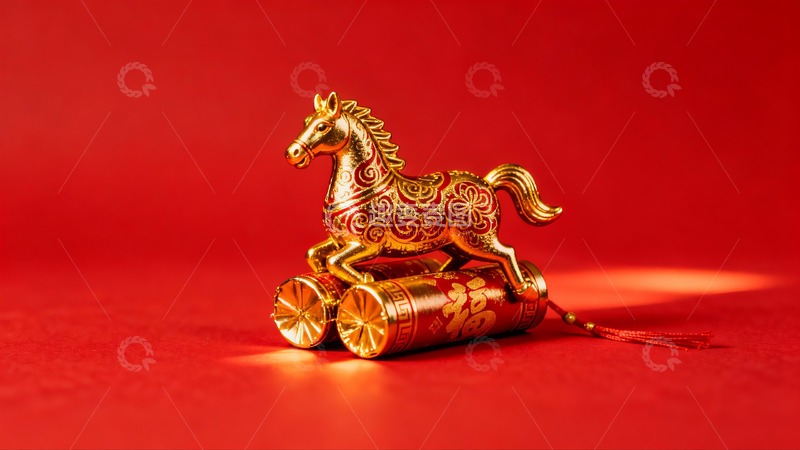 高清大图下载【趣麦麦图】金色马形摆件置于红色背景之上
