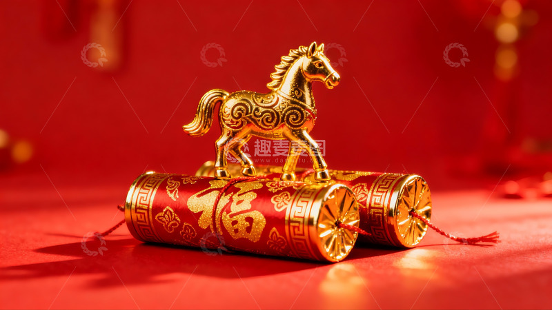 高清大图下载【趣麦麦图】金色马形摆件配红色卷轴