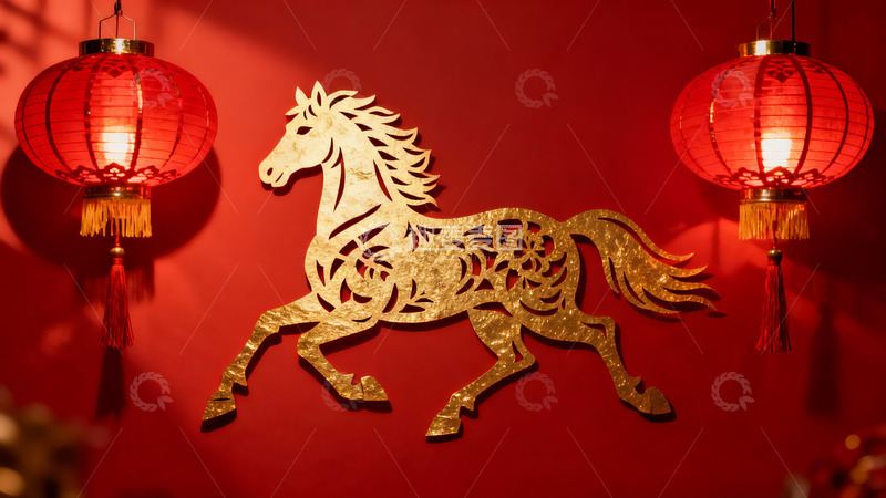 高清大图下载【趣麦麦图】红色背景金色马灯饰新年氛围