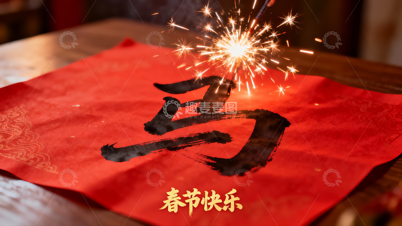 高清大图下载【趣麦麦图】春节红纸书法与烟花