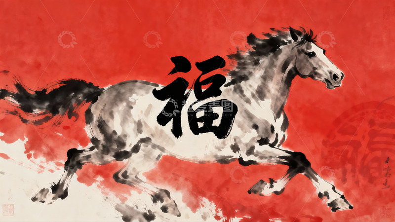 高清大图下载【趣麦麦图】奔腾骏马与福字艺术画