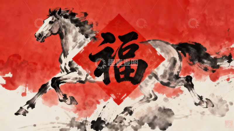 高清大图下载【趣麦麦图】奔腾骏马福字水墨画