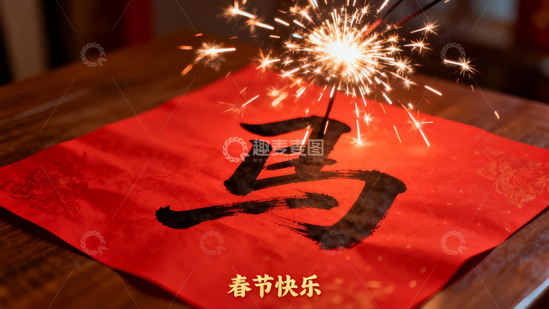 高清大图下载【趣麦麦图】春节红纸书法与烟花