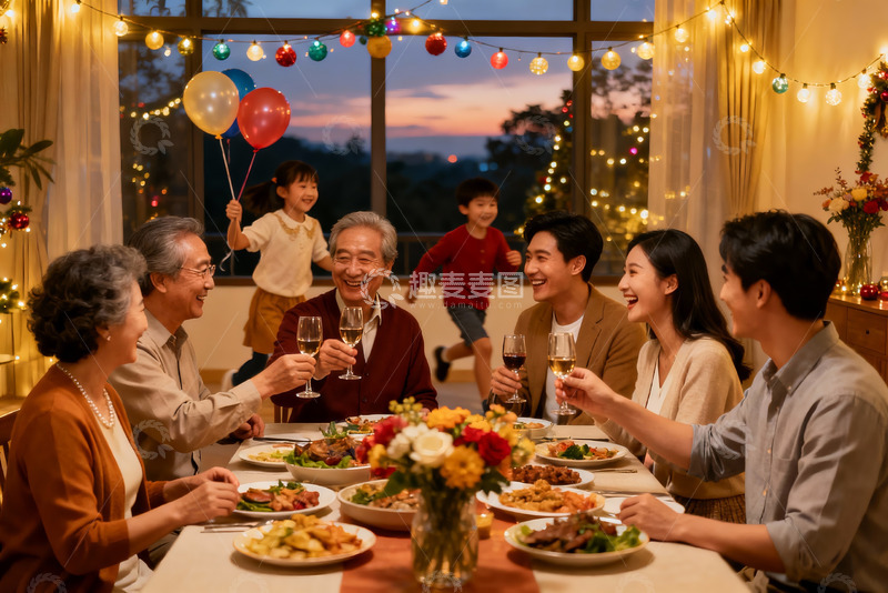 高清大图下载【趣麦麦图】家庭聚餐欢庆节日温馨场景