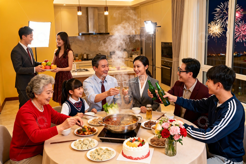 高清大图下载【趣麦麦图】家庭聚餐欢庆夜放烟花