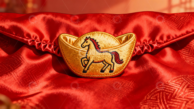 高清大图下载【趣麦麦图】红色绸缎上的金色马饰