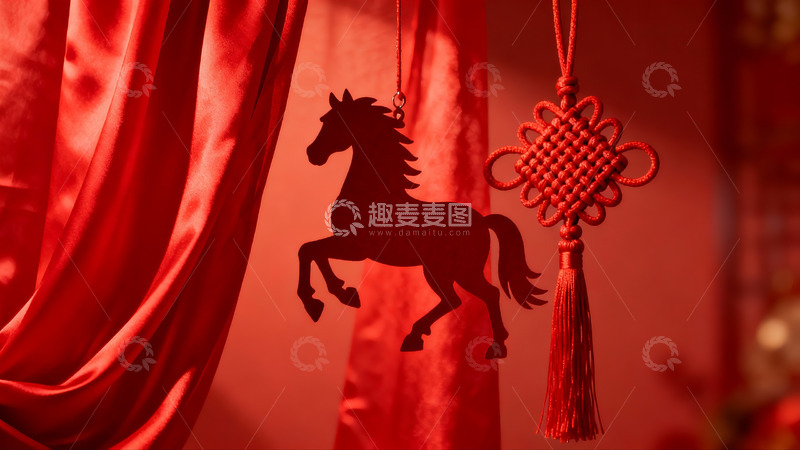 高清大图下载【趣麦麦图】红色幕布前的马形剪纸与中国结